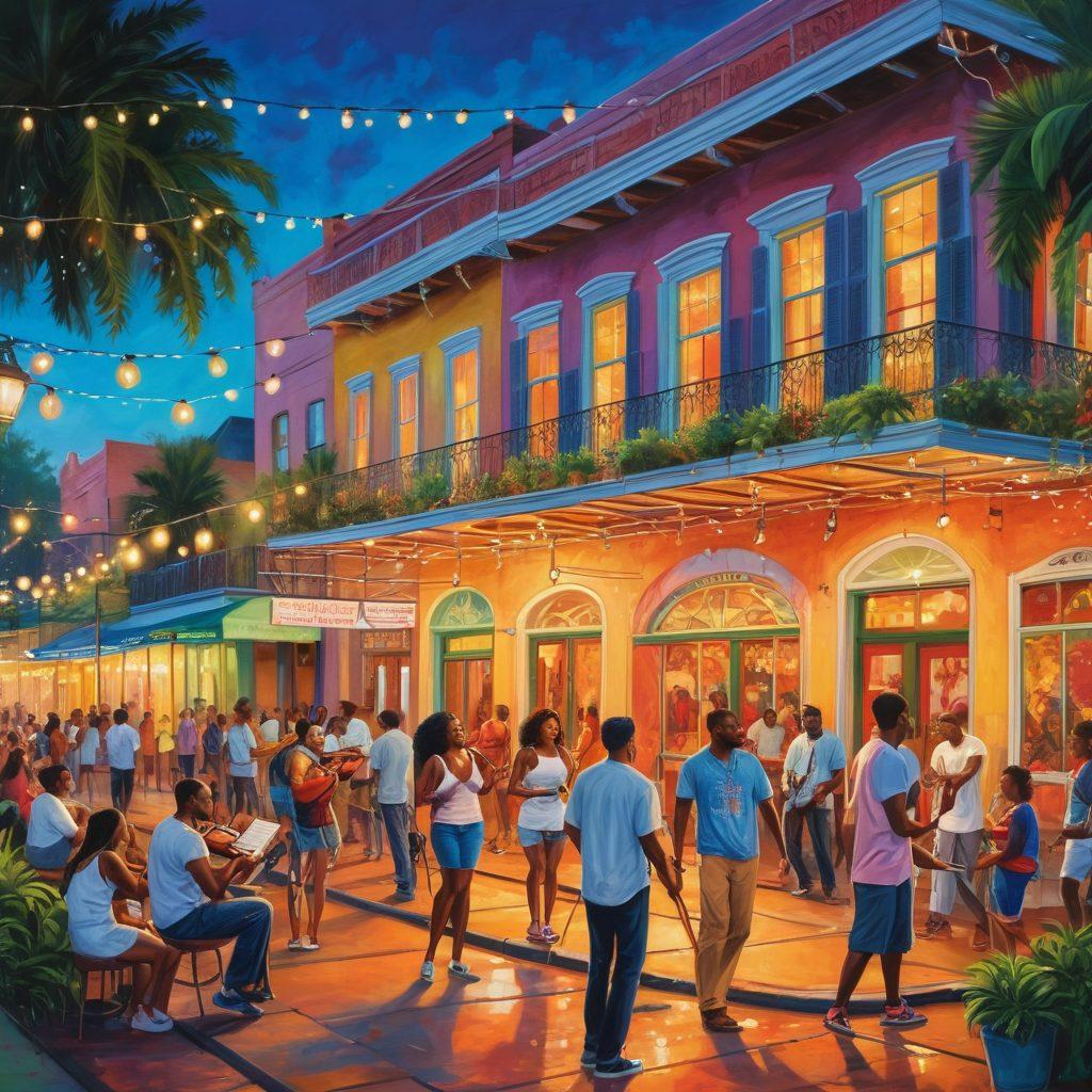A vibrant street scene in New Orleans showcasing a diverse group of people engaged in community activities, celebrating together under festive string lights and colorful murals. Incorporate elements like musicians playing jazz, artists painting, and families sharing joyful moments, reflecting the essence of nurturing relationships. The background features iconic architecture and greenery of the Crescent City. super-realistic. vibrant colors. lively atmosphere.