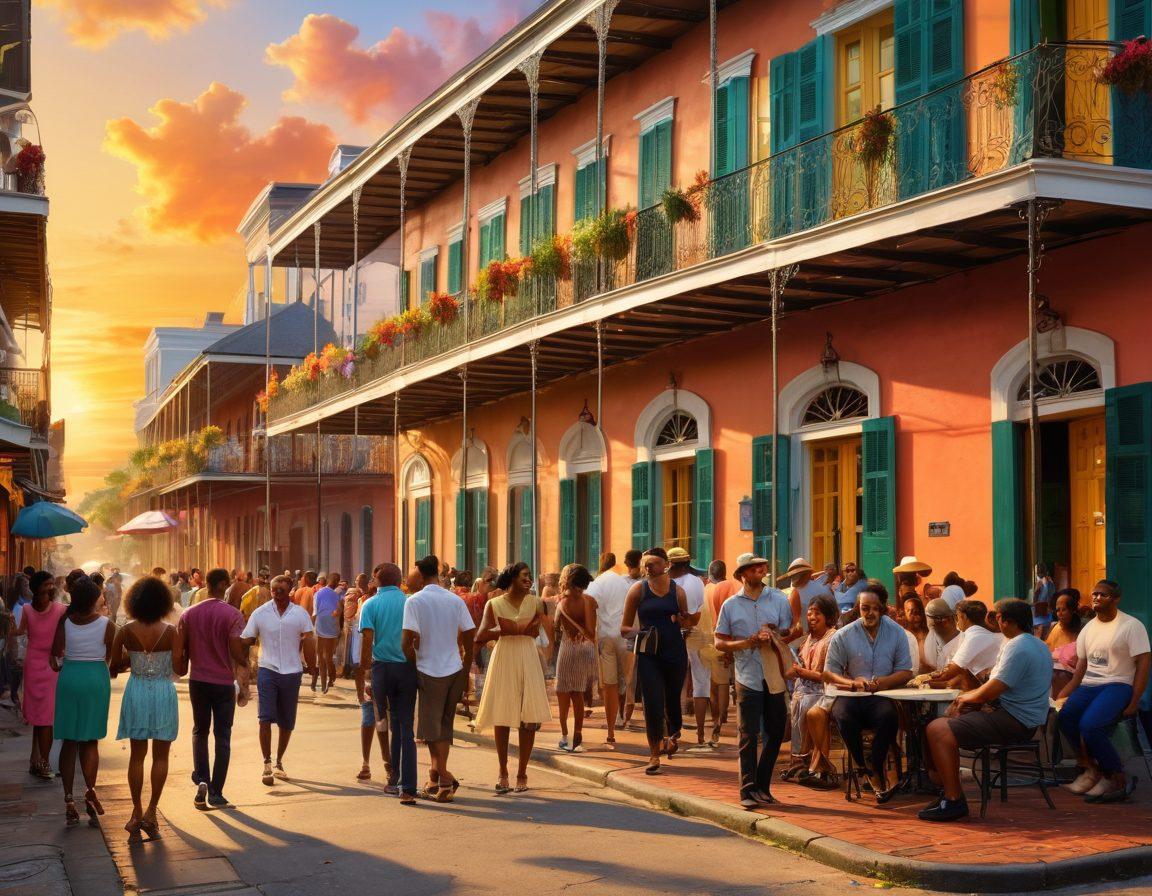A vibrant street scene in New Orleans showcasing diverse groups of people engaging in friendly conversations, sharing smiles, and celebrating local culture. Incorporate iconic New Orleans architecture, street musicians playing soulful jazz, and colorful festival decorations. The atmosphere should radiate warmth and community spirit, with an inviting sunset in the background. super-realistic. vibrant colors. 3D.