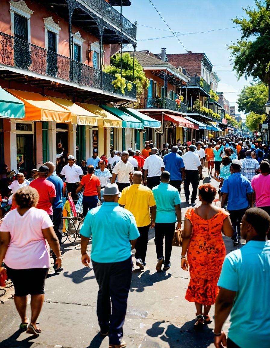 A vibrant street scene in New Orleans showing a diverse group of people engaging in social events and charitable acts, with lively jazz music in the background. Include colorful decorations, smiling faces, and elements like food stalls, art displays, and community interactions that depict warmth and connection. Capture the essence of love and generosity among neighbors in a sunny outdoor setting. vibrant colors. super-realistic.